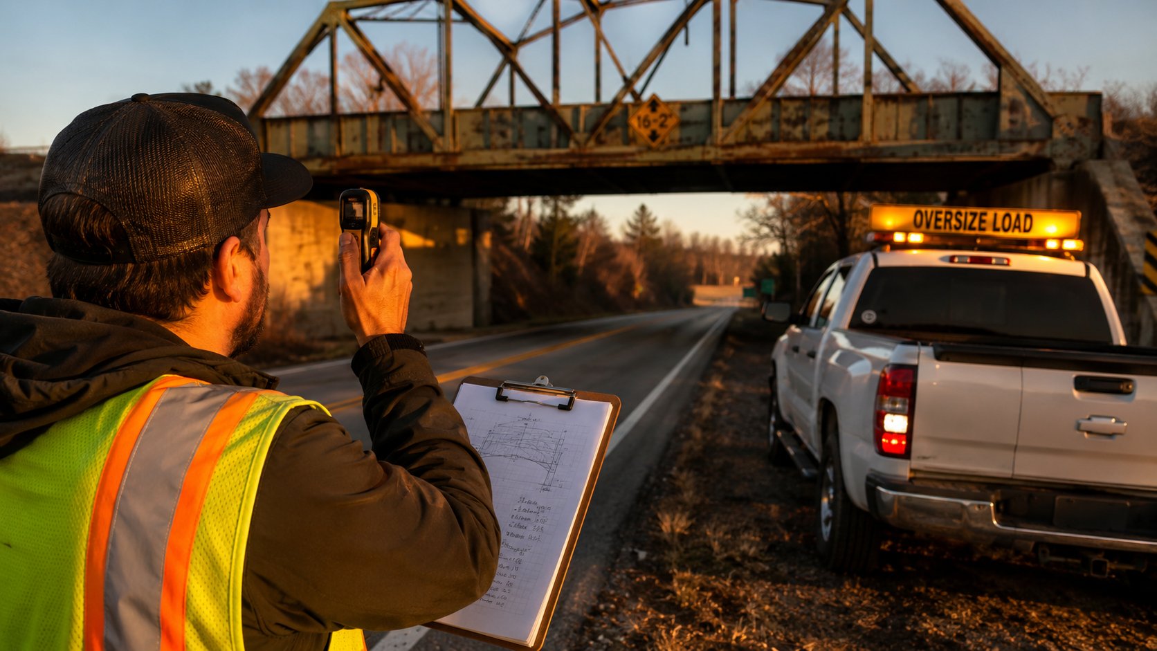 Route surveyor measuring clearance under a steel truss bridge with an escort truck parked on the shoulder